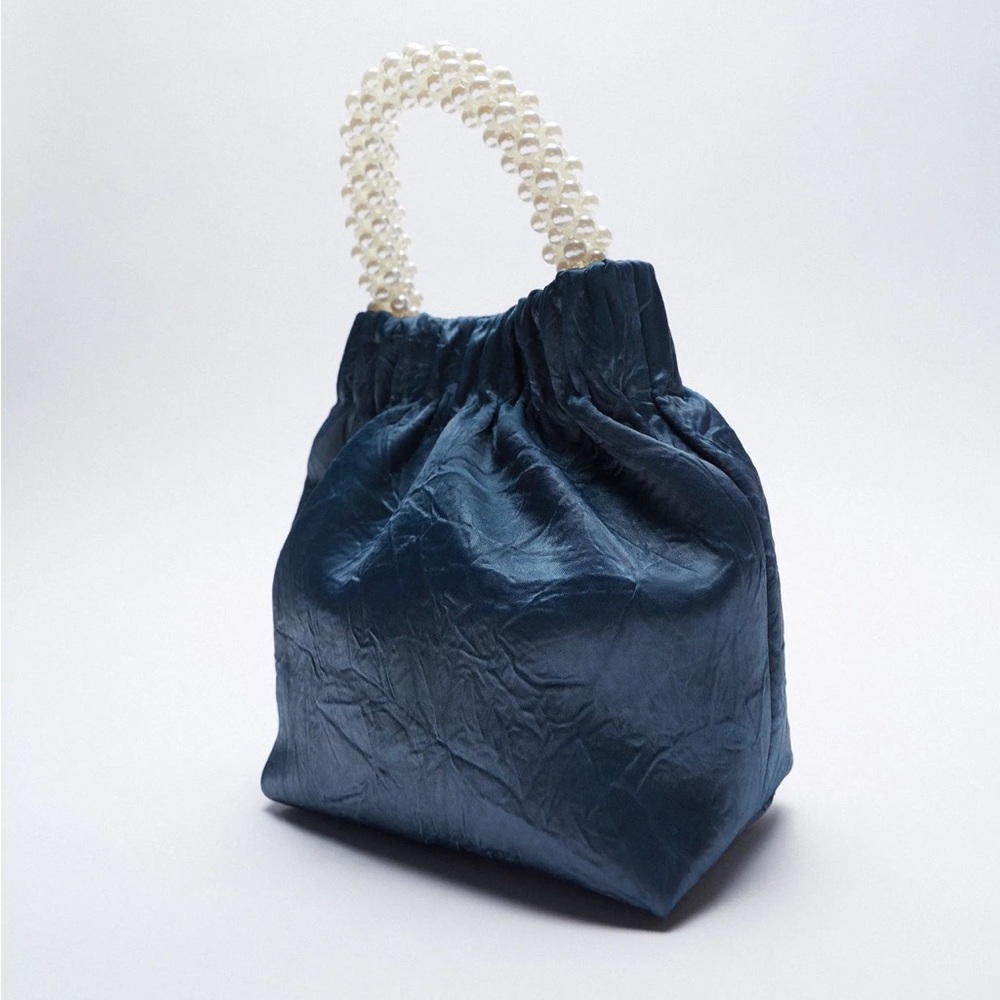 NWT Zara Blue Pearl Handle Wrinkled Crossbody Magnetic-Closure Bag 6539/610/009